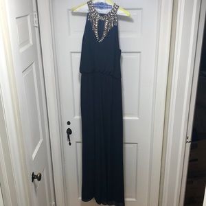 Vince Camuto Navy Blue Embellished Rhinestone Halter Neck Jumpsuit Size 14 1244